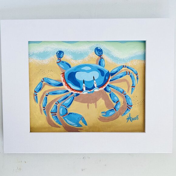 Illustrated Crab Original Gouache Painting 11x14in Mat Frame Ready Art - Picture 4 of 9